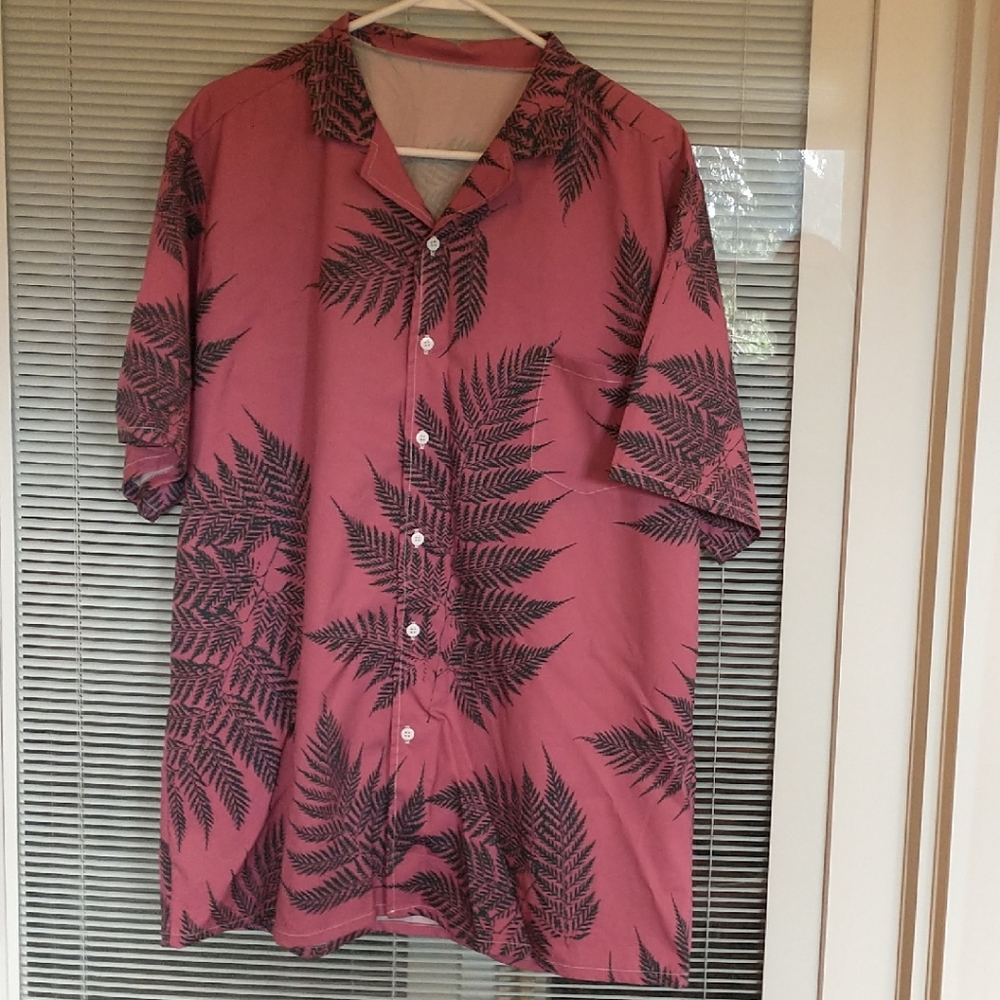 Pink Hawaiian Shirt with Black Fern Print